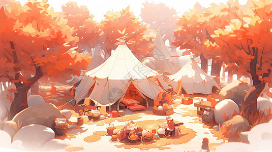 秋天在橙色森林中的多个卡通露营帐篷图片