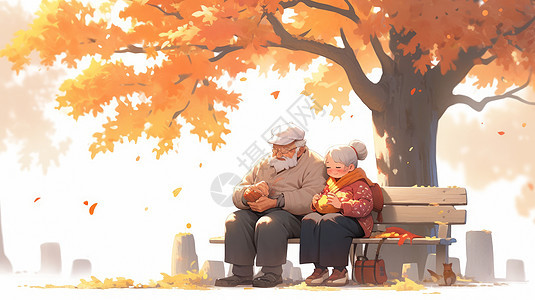 秋天坐在老树下休息的卡通老爷爷和老奶奶图片