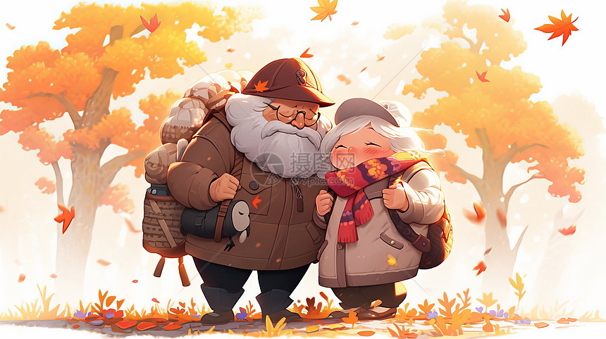 秋天可爱的卡通老爷爷和老奶奶一起登山图片