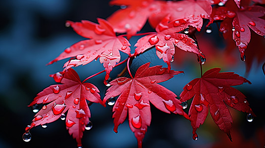 雨特写深秋沾满露水的红色枫叶特写插画