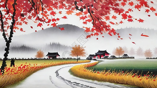 秋天红枫的村庄图片