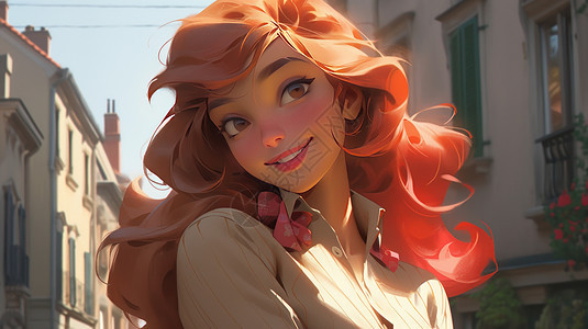 阳光下红色长发漂亮的卡通女人图片
