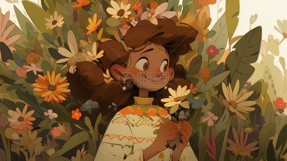 秋天手拿花朵站在花丛中的可爱卡通女孩图片