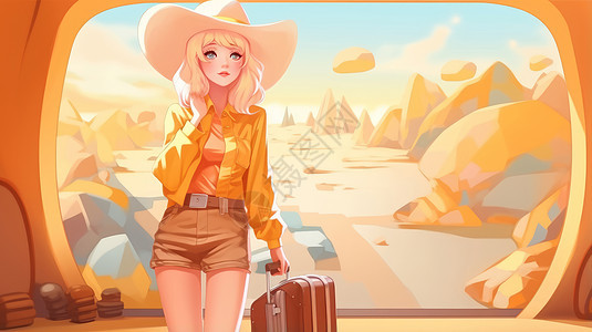 戴着帽子拉着旅行箱去旅行的卡通女孩图片