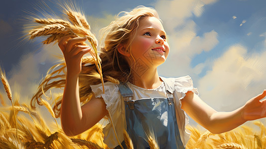 手拿金黄色麦子站在金黄色麦子地中的卡通小女孩图片