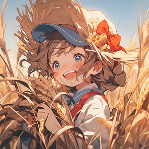 秋天在麦子地中丰收开心笑的可爱卡通女孩高清图片
