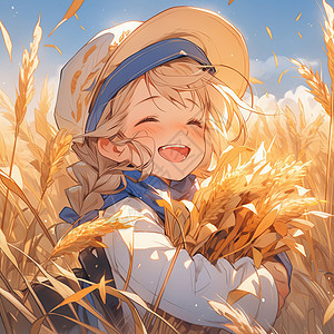 秋天在金黄色麦子地中抱着麦子开心笑的卡通女孩背景图片