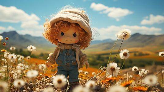 秋天戴着帽子站在蒲公英边上的立体可爱卡通布艺娃娃图片