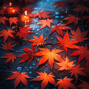 雨中漂亮唯美的卡通红叶落在地上图片