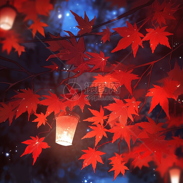 深秋满树的红色卡通枫叶与灯笼图片