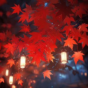 挂着灯笼的红色叶子卡通枫树图片