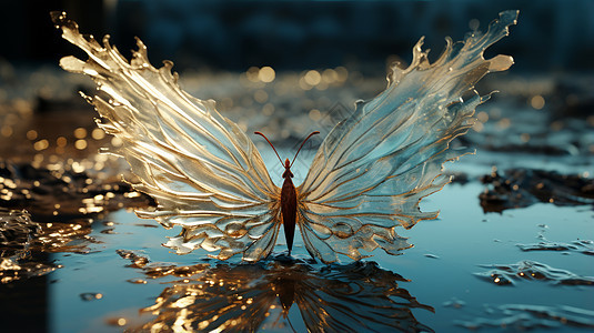 超现实透明翅膀的立体卡通蝴蝶在湖面上图片