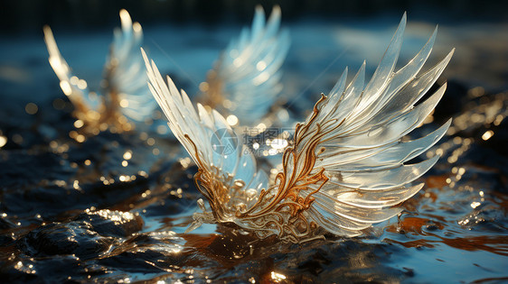 超现实有翅膀的复古卡通饰品翅膀落在水面上图片