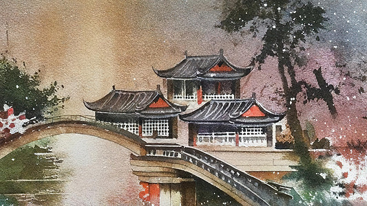 古代宅院大院水彩中国古风画图片