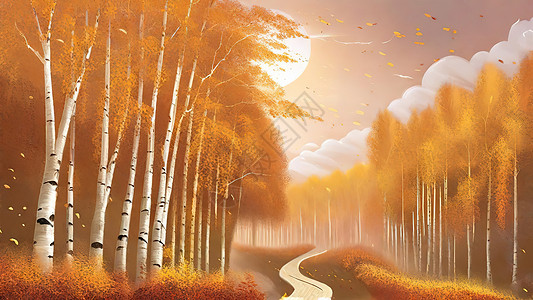 秋天金黄色的桦树林高清图片