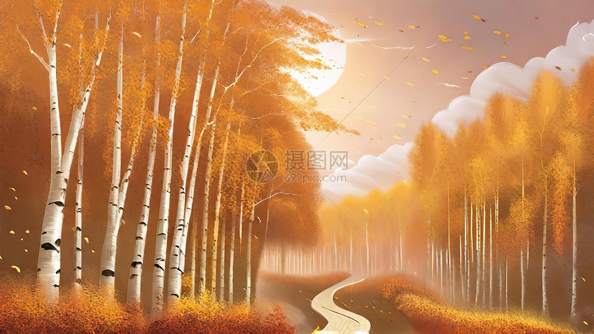 秋天金黄色的桦树林图片