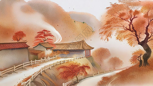 深秋乡村的枫树秋色图片