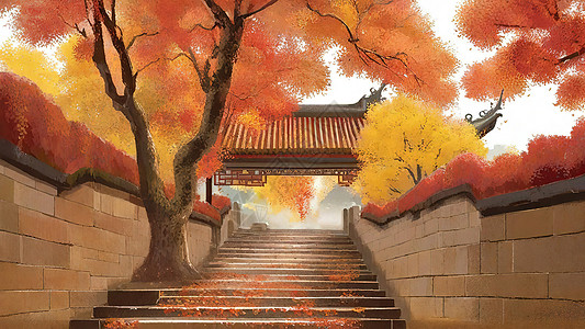 立秋秋天楼梯旁边的枫树风景画插画