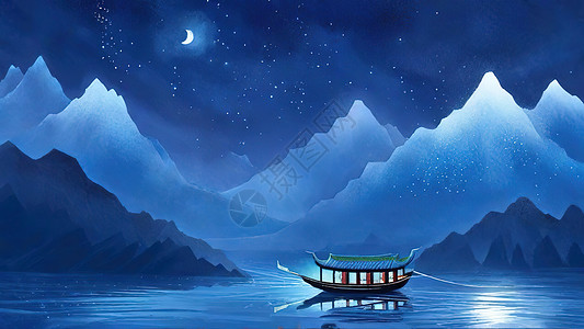 夜色下湖泊上的小船背景图片