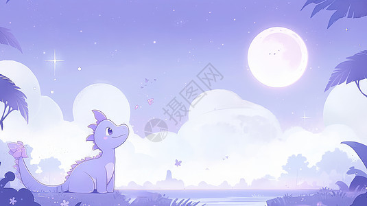 可爱的紫色卡通恐龙站在小河边欣赏月亮紫色主题背景图片
