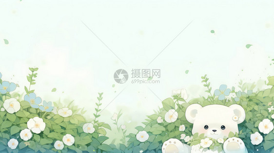 藏在花丛中的可爱卡通小白熊卡通背景图片