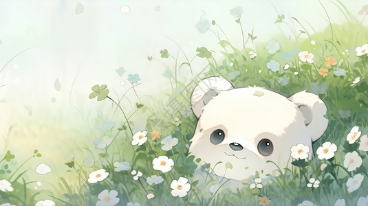 在绿色花丛中可爱的卡通小白熊绿色主题卡通背景高清图片
