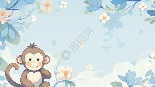 可爱的卡通小猴子与花朵蓝色卡通主题背景图片