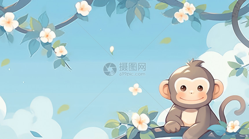 趴在树上可爱的卡通小猴子与花朵卡通背景图片