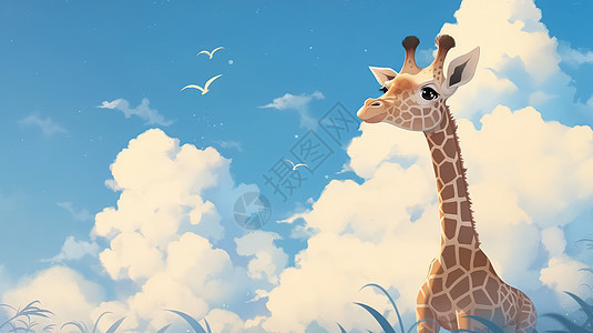 蓝天白云下一只可爱的卡通长颈鹿卡通背景图片