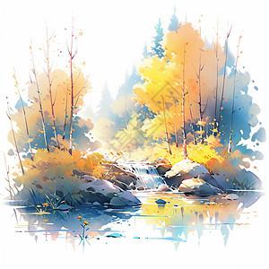 秋天在森林间的卡通小型瀑布卡通水彩风景图片