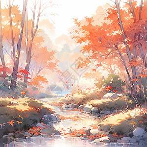 秋天在橙色的森林中一条卡通小溪图片