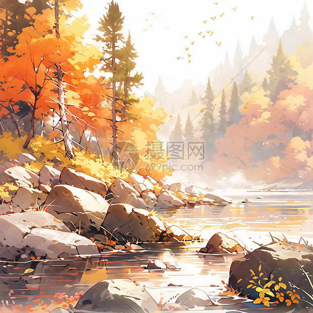 秋天深山中唯美的卡通风景图片