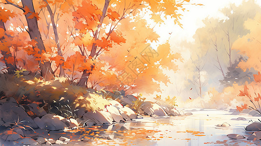 秋天水彩风唯美的卡通森林与小河风景背景图片