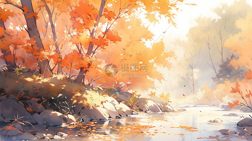 秋天水彩风唯美的卡通森林与小河风景图片