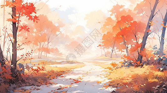 水彩风幽静的森林中小路卡通秋天风景图片