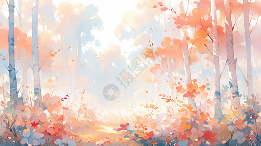 秋天水彩风唯美卡通梦幻森林风景背景图片