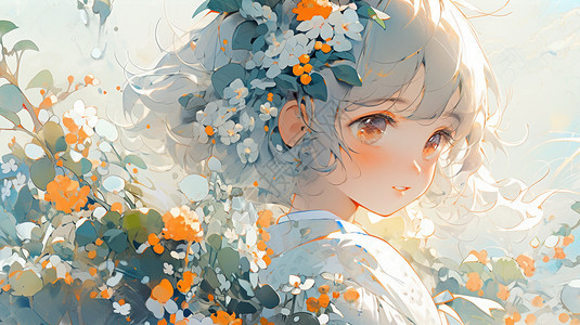 头戴花朵在花丛中微笑的可爱短发女孩图片
