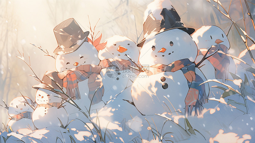 雪地中一群可爱的卡通小雪人图片