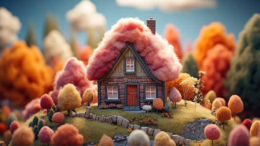 秋天在小山顶上粉色屋顶可爱的卡通小房子图片