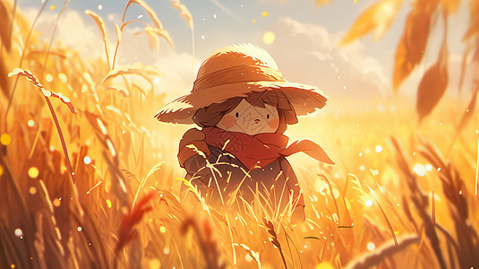 站在金黄色稻子地中戴着草帽的卡通形象图片