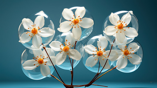 蓝色背景上一株漂亮的白色花朵被透明气球包裹图片