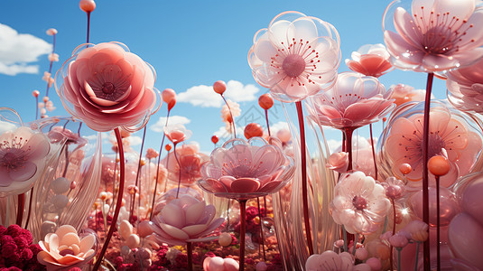 蓝天白云下超现实粉色花园图片