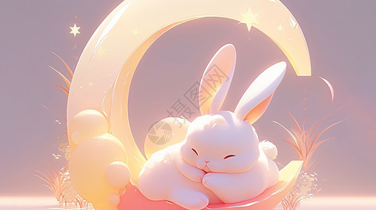 趴在月牙上酣睡的可爱卡通兔子图片
