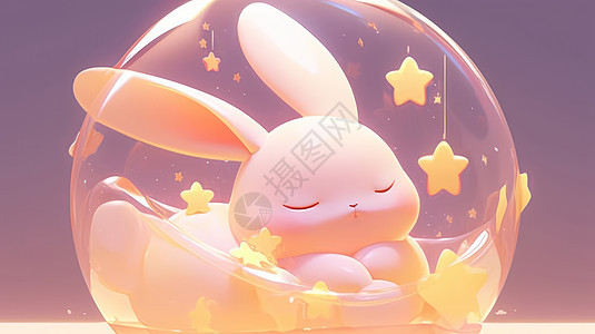 在星星气泡中酣睡的可爱卡通兔子图片