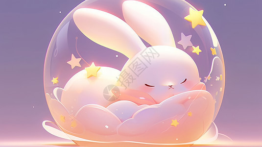 可爱的卡通小白兔在透明气泡中酣睡图片