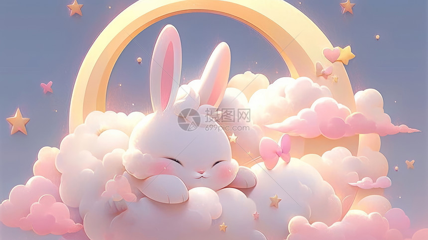 萌萌的卡通兔子趴在粉色云朵上睡觉图片