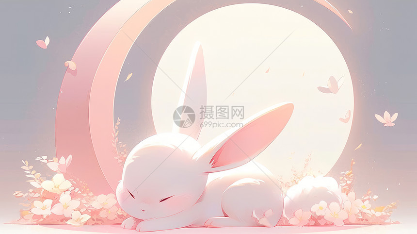 趴在月亮下睡觉的可爱卡通小白兔图片
