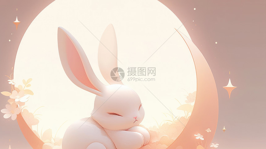 趴在圆圆的月亮前的可爱卡通兔子图片