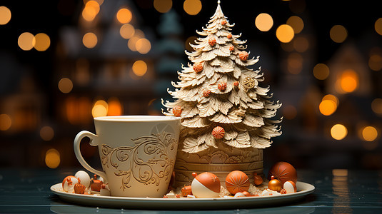 圣诞树与白色咖啡杯图片