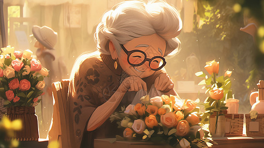 看着花朵开心笑的卡通老奶奶图片